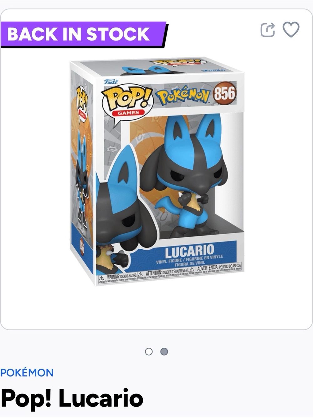 Funko Pop! Lucario Vinyl Figure - Blue & Black- 856